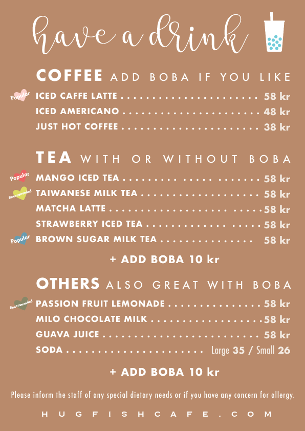 Hugfish Cafe foodtruck's beverage menu at Humlegården Stockholm.